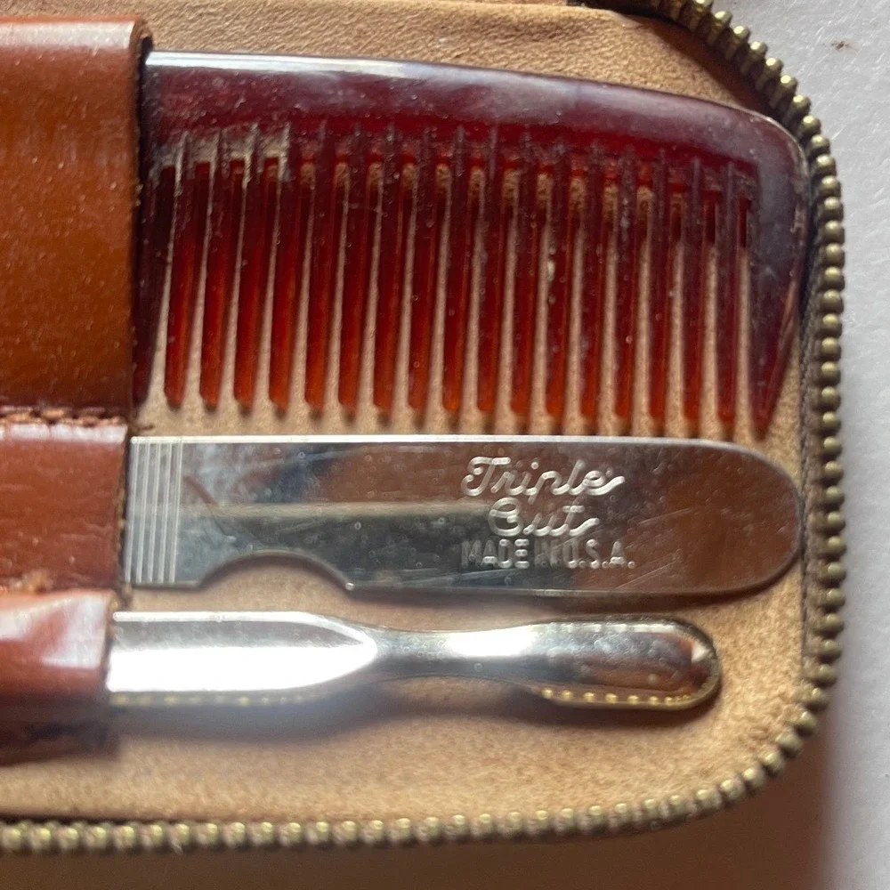 Vintage White House Grooming Kit Made in Germany Brown Leather Zipper Case Set